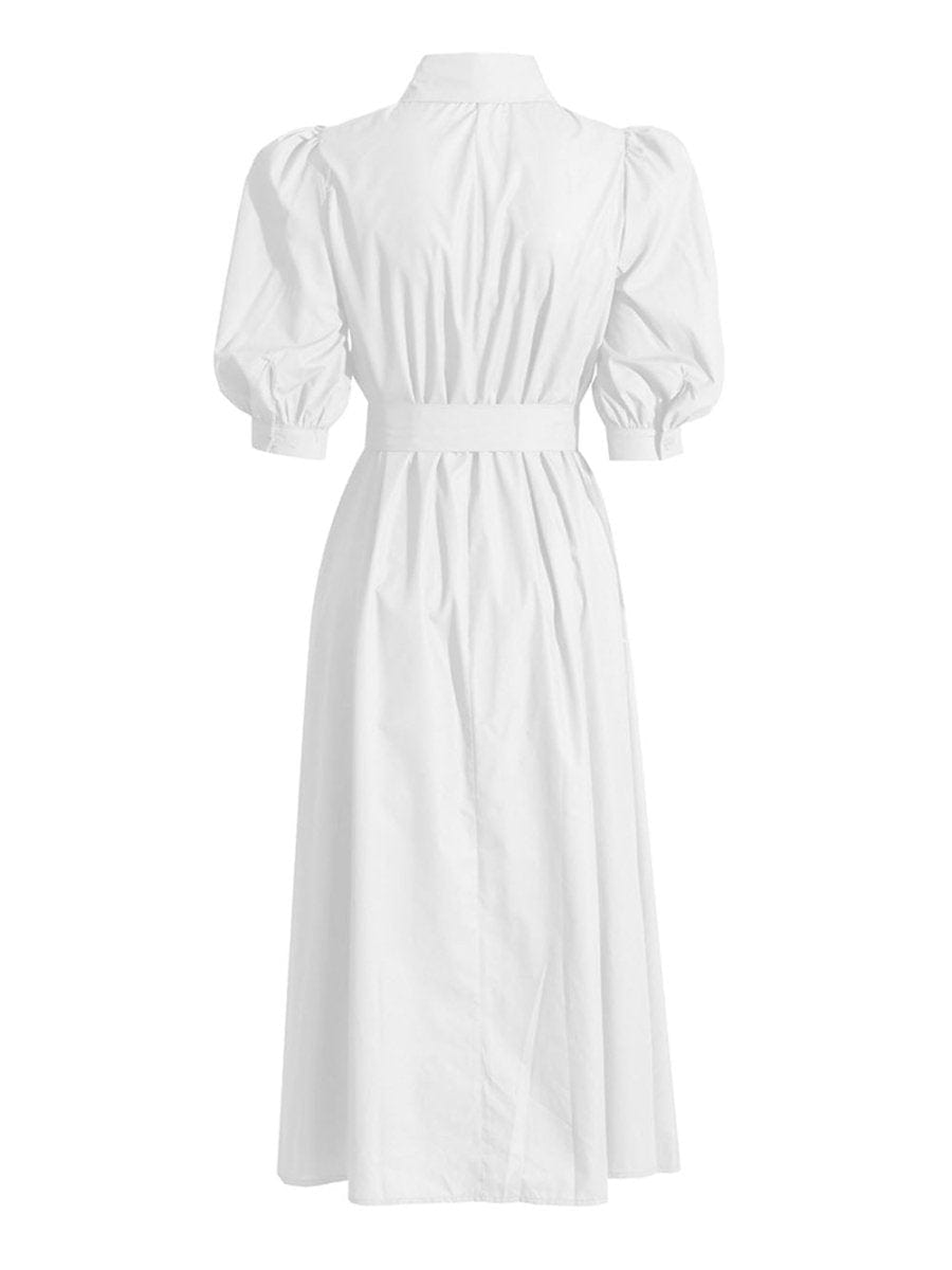 Puff Sleeve Lace Insert Button Front Tie Waist Midi Shirt Dress