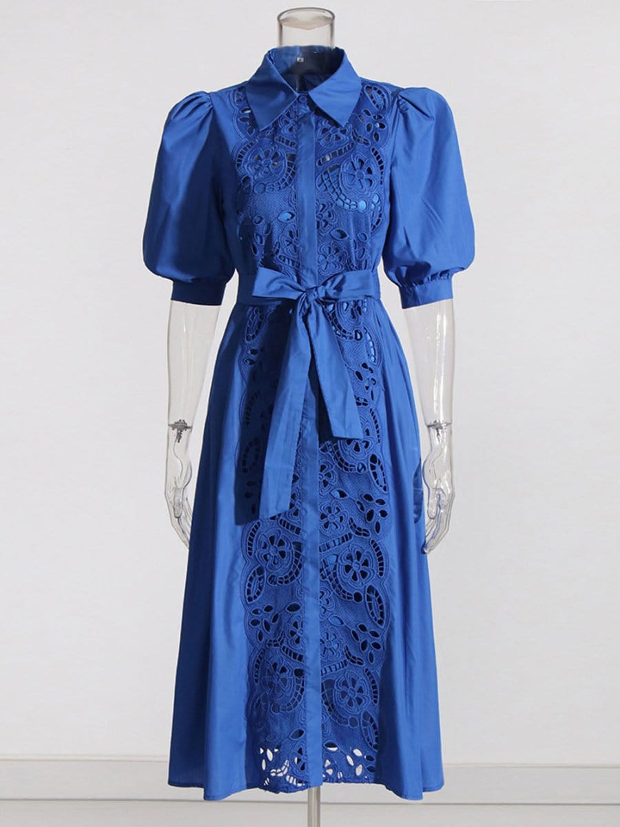 Puff Sleeve Lace Insert Button Front Tie Waist Midi Shirt Dress