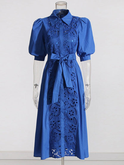 Puff Sleeve Lace Insert Button Front Tie Waist Midi Shirt Dress