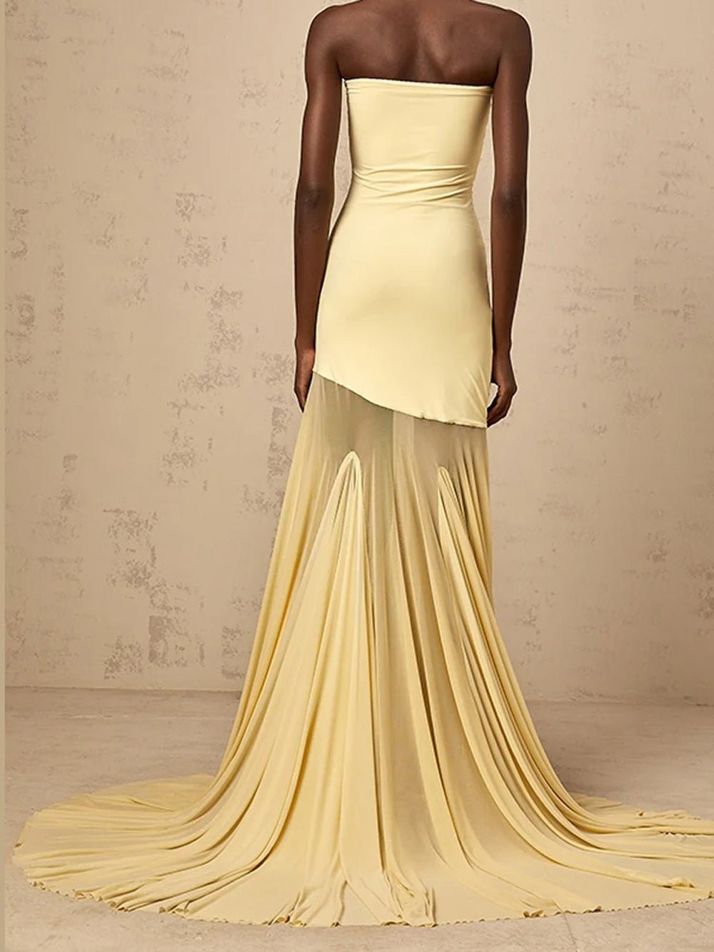 Yellow Strapless Bodycon Mesh Panel Flared Mermaid Skirt Maxi Gown