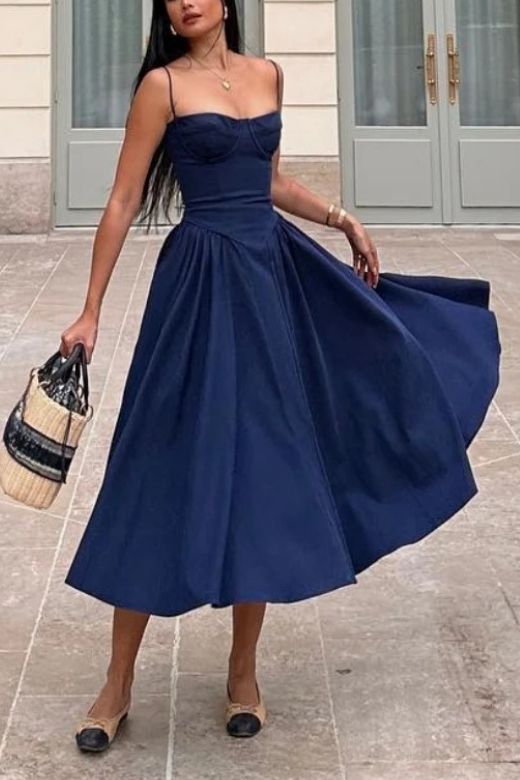 Navy Blue Sweetheart Spaghetti Strap Corset Bodice Pleated Pocket Midi Dress