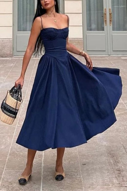 Navy Blue Sweetheart Spaghetti Strap Corset Bodice Pleated Pocket Midi Dress