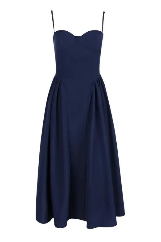 Navy Blue Sweetheart Spaghetti Strap Corset Bodice Pleated Pocket Midi Dress