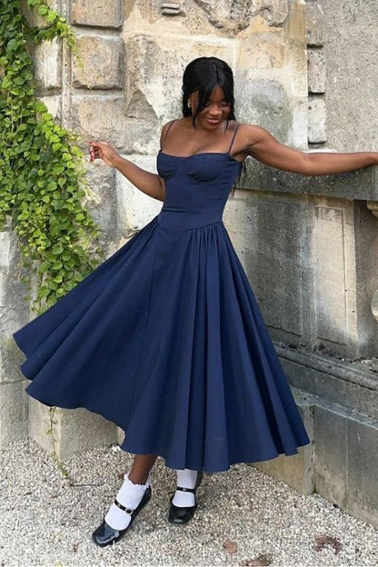 Navy Blue Sweetheart Spaghetti Strap Corset Bodice Pleated Pocket Midi Dress