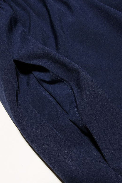 Navy Blue Sweetheart Spaghetti Strap Corset Bodice Pleated Pocket Midi Dress