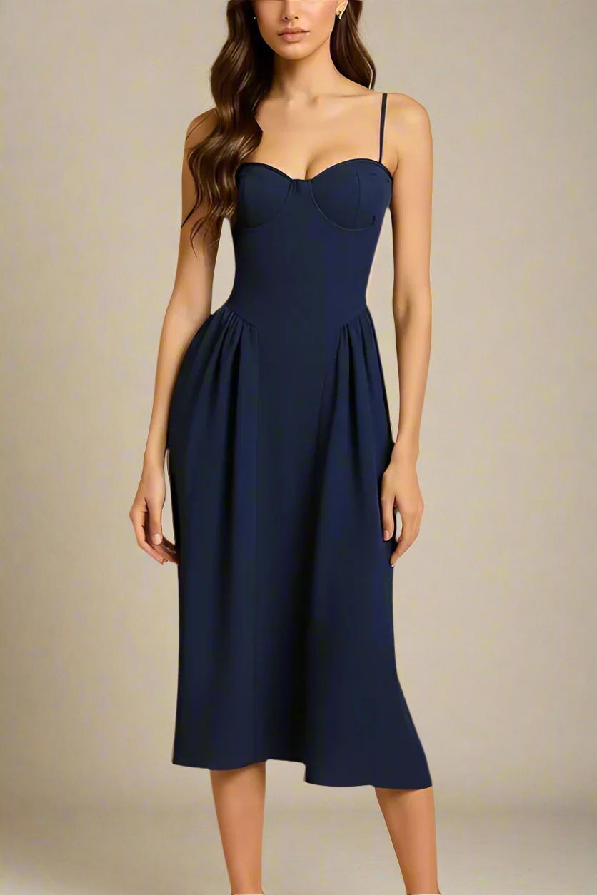 Navy Blue Sweetheart Spaghetti Strap Corset Bodice Pleated Pocket Midi Dress