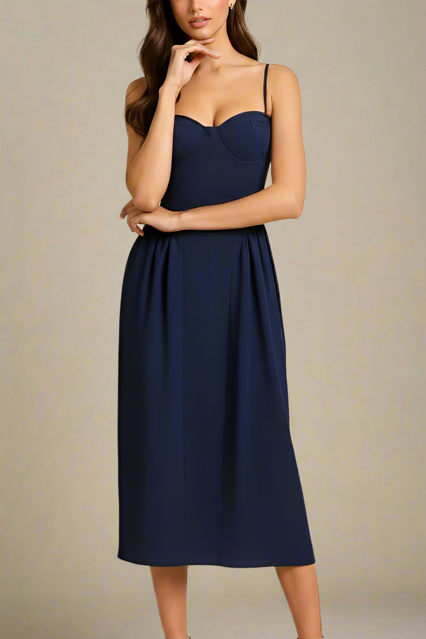 Navy Blue Sweetheart Spaghetti Strap Corset Bodice Pleated Pocket Midi Dress