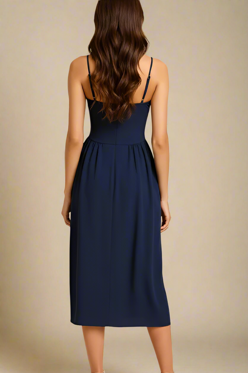Navy Blue Sweetheart Spaghetti Strap Corset Bodice Pleated Pocket Midi Dress