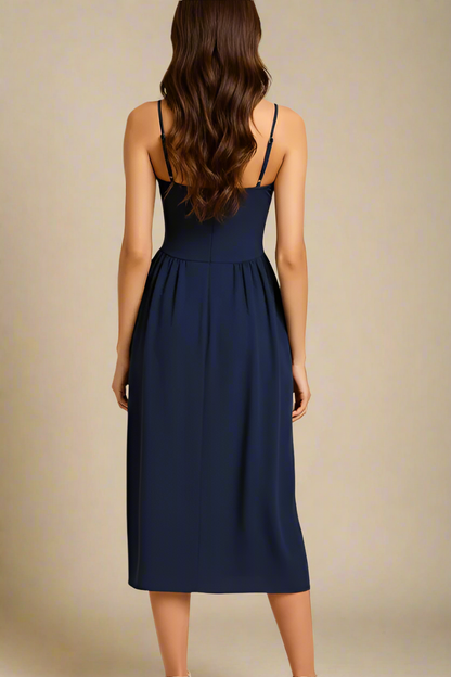 Navy Blue Sweetheart Spaghetti Strap Corset Bodice Pleated Pocket Midi Dress