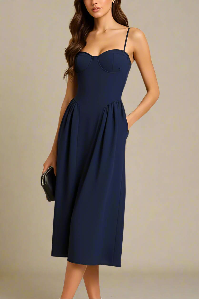 Navy Blue Sweetheart Spaghetti Strap Corset Bodice Pleated Pocket Midi Dress