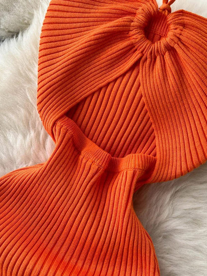 Knit Ribbed Halter Neck Ring Detail Waist Cut Out Midi Dress
