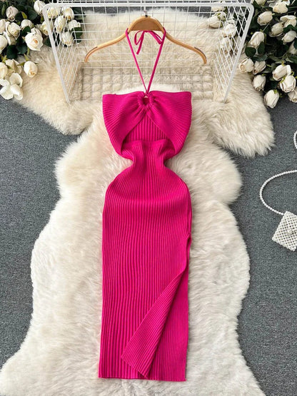 Knit Ribbed Halter Neck Ring Detail Waist Cut Out Midi Dress