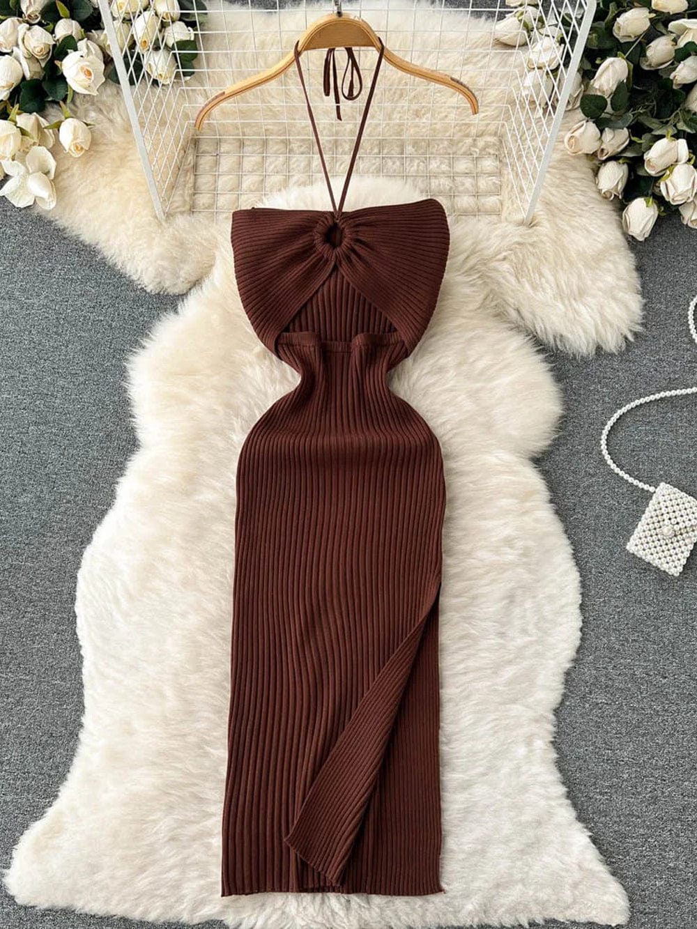Knit Ribbed Halter Neck Ring Detail Waist Cut Out Midi Dress