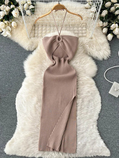 Knit Ribbed Halter Neck Ring Detail Waist Cut Out Midi Dress