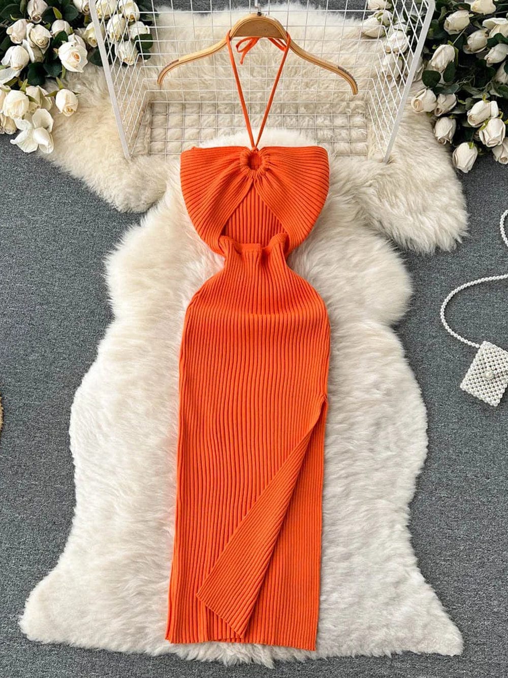 Knit Ribbed Halter Neck Ring Detail Waist Cut Out Midi Dress