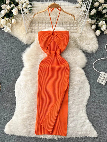 Knit Ribbed Halter Neck Ring Detail Waist Cut Out Midi Dress