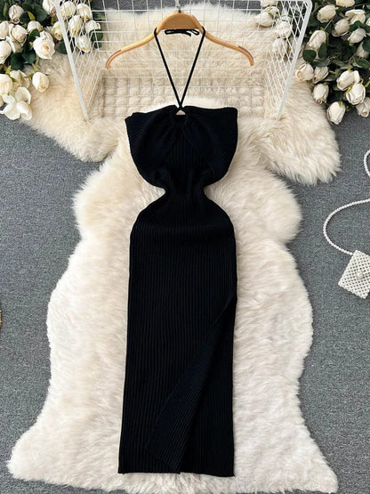 Knit Ribbed Halter Neck Ring Detail Waist Cut Out Midi Dress