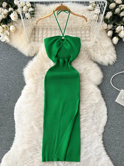Knit Ribbed Halter Neck Ring Detail Waist Cut Out Midi Dress