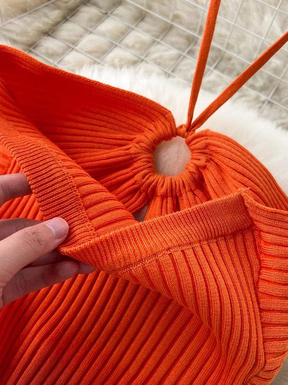 Knit Ribbed Halter Neck Ring Detail Waist Cut Out Midi Dress