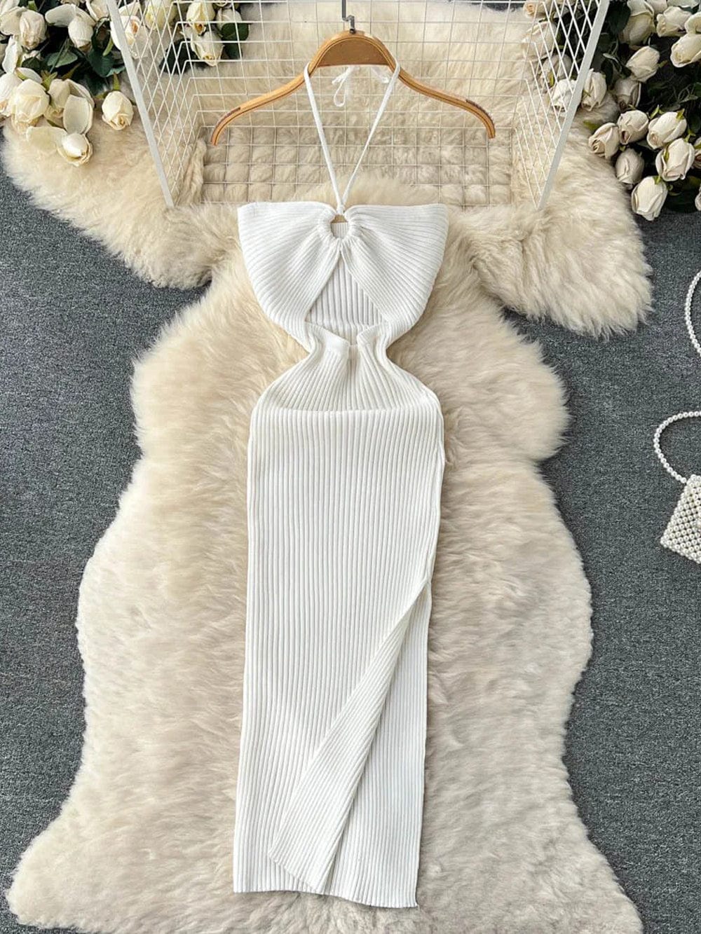 Knit Ribbed Halter Neck Ring Detail Waist Cut Out Midi Dress