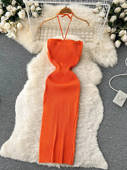 Knit Ribbed Halter Neck Ring Detail Waist Cut Out Midi Dress