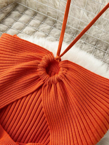 Knit Ribbed Halter Neck Ring Detail Waist Cut Out Midi Dress