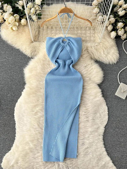Knit Ribbed Halter Neck Ring Detail Waist Cut Out Midi Dress