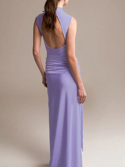 Mock Neck Waist Knot Drape Panel Bodycon Maxi Dress