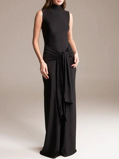 Mock Neck Waist Knot Drape Panel Bodycon Maxi Dress