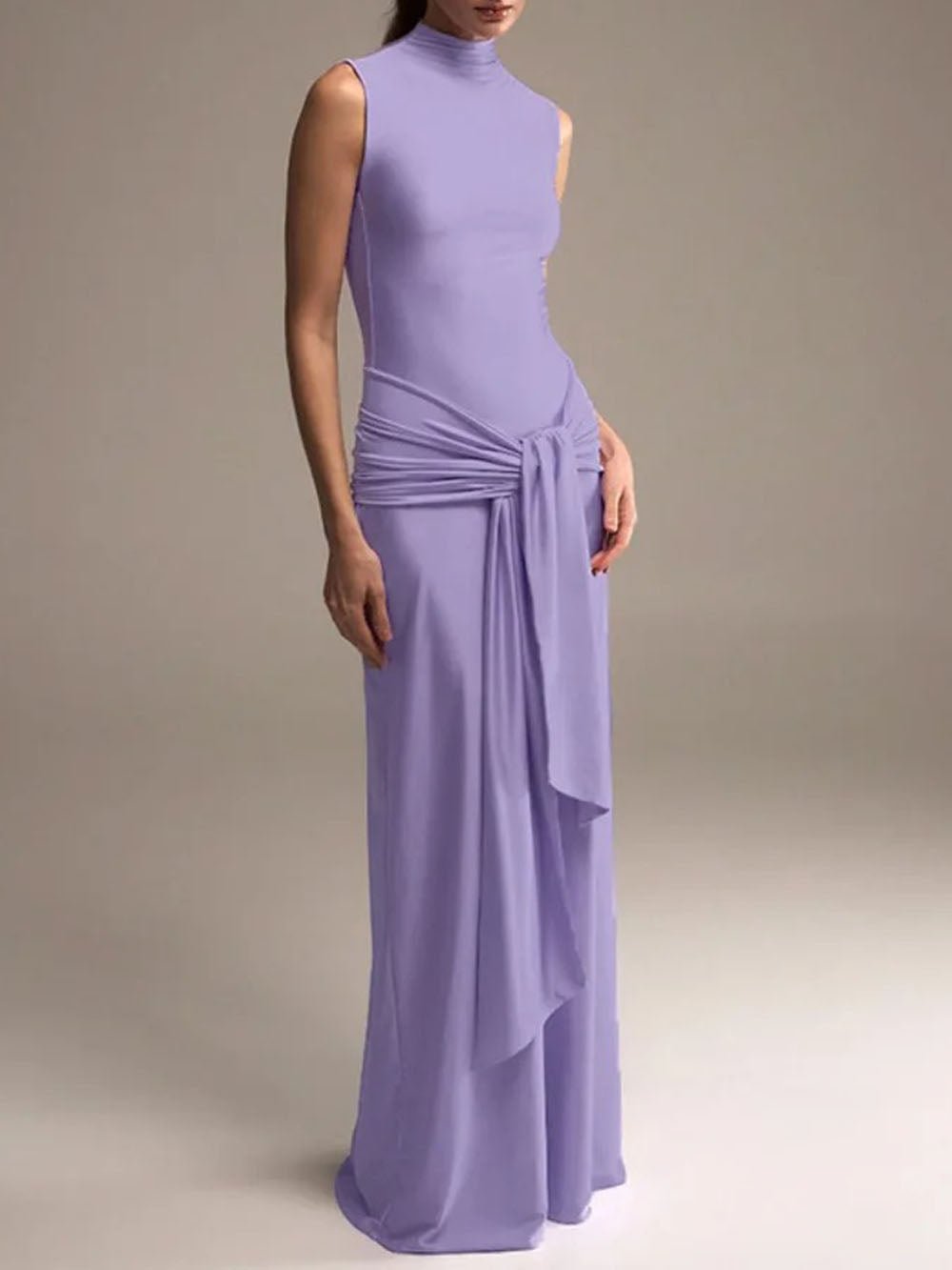 Mock Neck Waist Knot Drape Panel Bodycon Maxi Dress