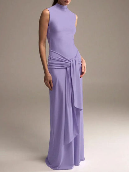 Mock Neck Waist Knot Drape Panel Bodycon Maxi Dress