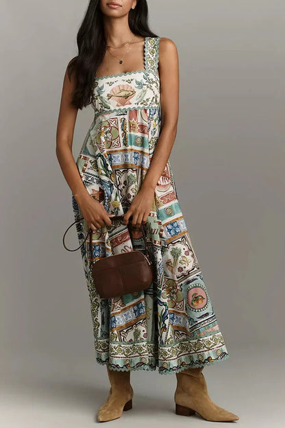 Sea Calling Linen Blend Unique Print Scalloped Detail Back Smocked Pocket Maxi Dress