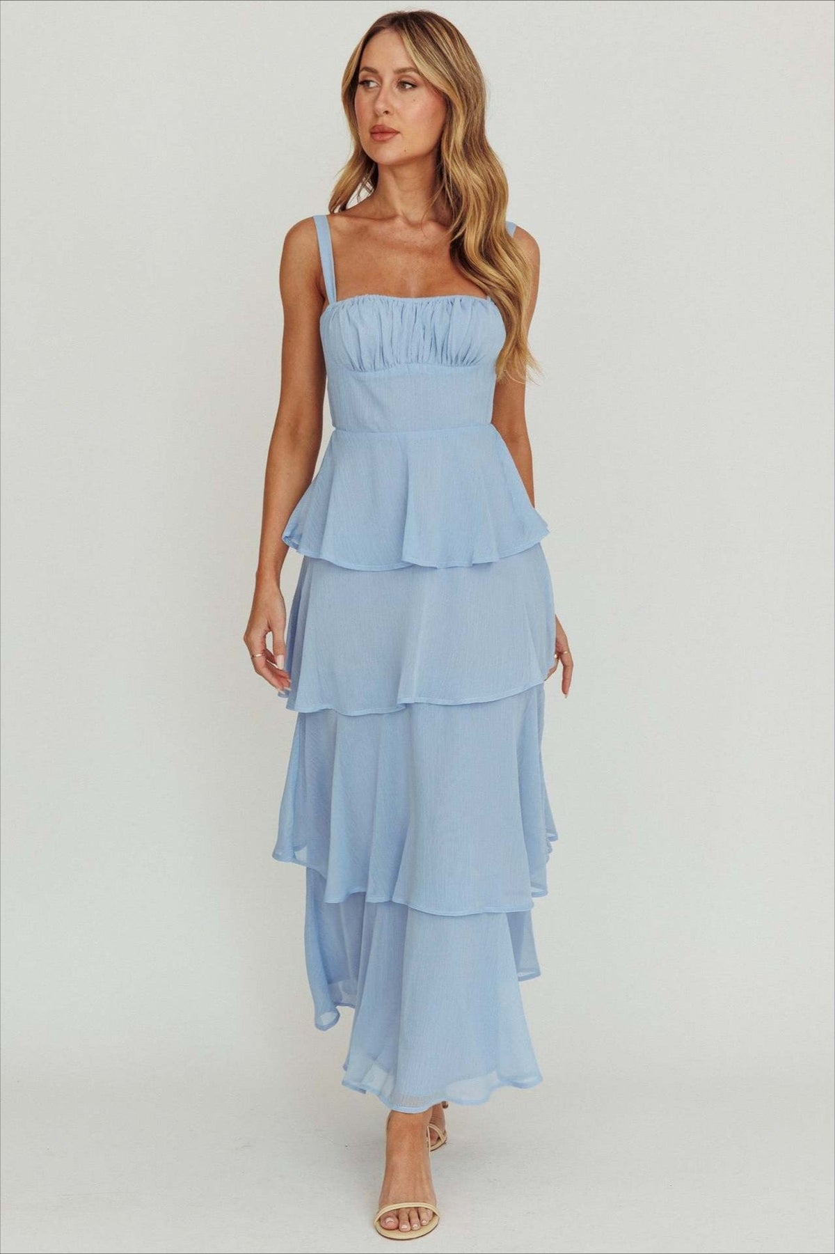 Sexy Backless Halter Tiered Ruched Waist Maxi Prom Dress