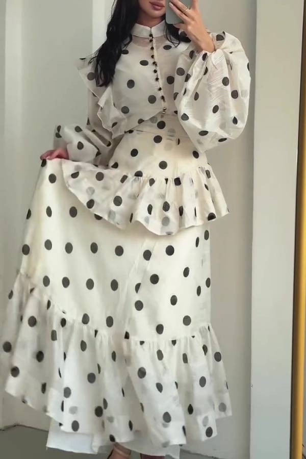 Polka Dot High-Neck Puff-Sleeve Tiered Maxi Dress