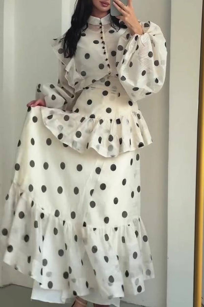 Polka Dot High-Neck Puff-Sleeve Tiered Maxi Dress