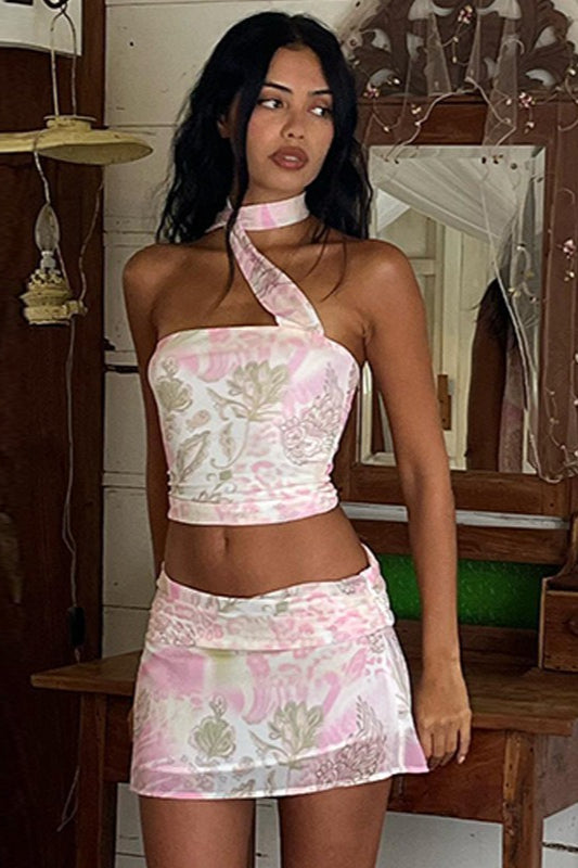 Pink Halter Cropped Print Bodycon Skirt Set