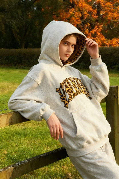Leopard Lined Embroidered Letter Hoodie