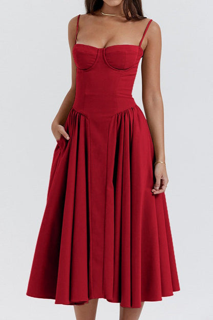 Bustier Spaghetti Strap Basque Waist Pleated Midi Dress