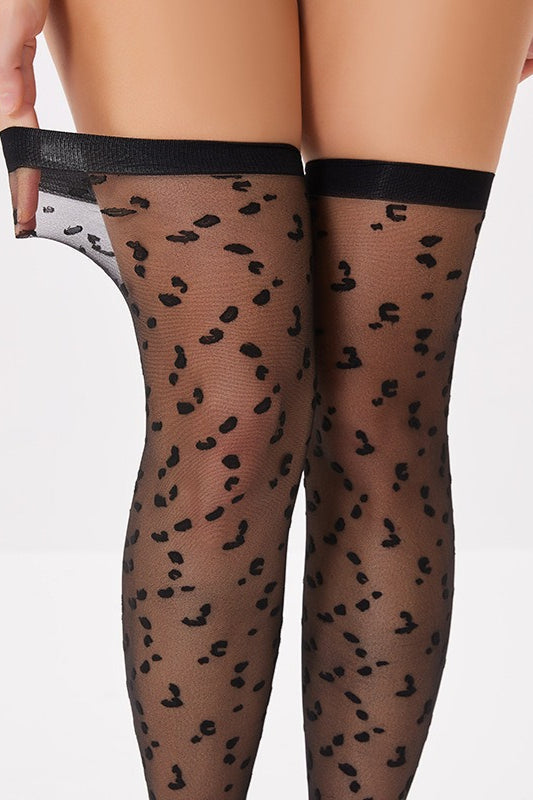 Retro Leopard Print Jacquard Sheer Thigh-High Stockings