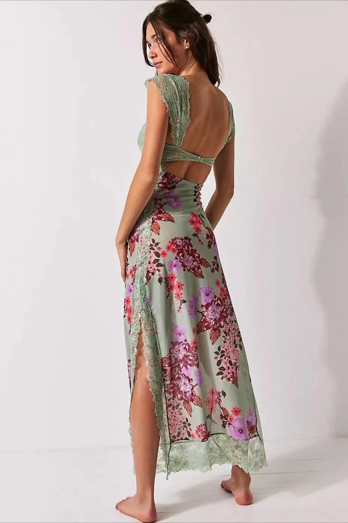 Lace Patchwork Strap Backless Slit Maxi Floral Dress