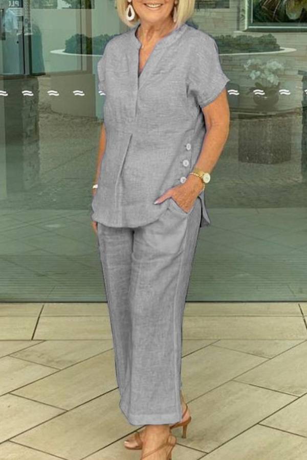 V-Neck Linen Casual Cropped Pants Set