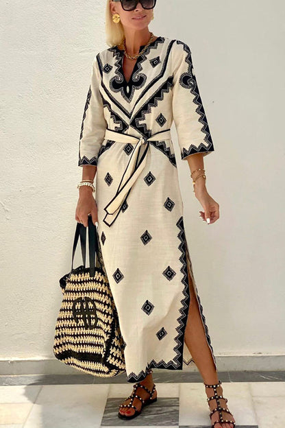 Ethnic Print V-Neck Three Quarter Sleeve Tie Waist Maxi Dress