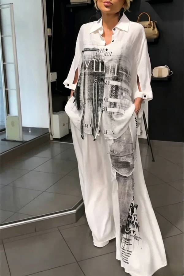 Street Style Graffiti Print Button Half Sleeve Blouse and Elastic Waist Pocket Wide Leg Pants Set