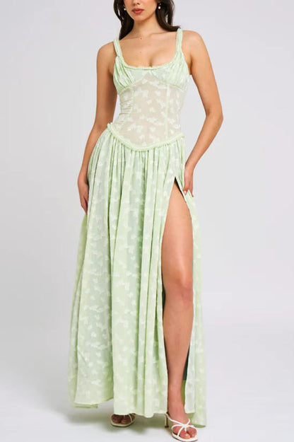 Floral Print Square Neck Corset Bodice High Split Flowy Maxi Dress
