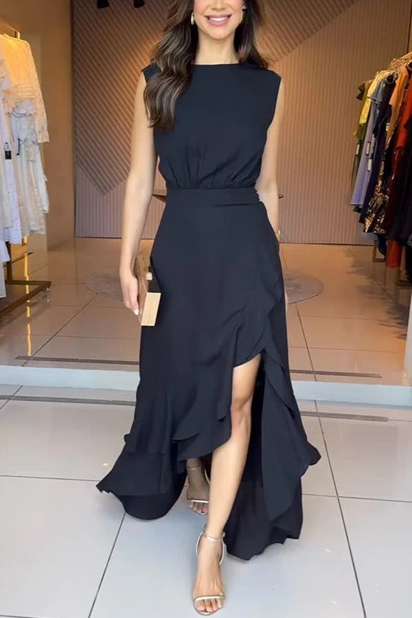 Moon Night Chiffon Crew Neck Sleeveless Irregular Layered Hem Maxi Dress