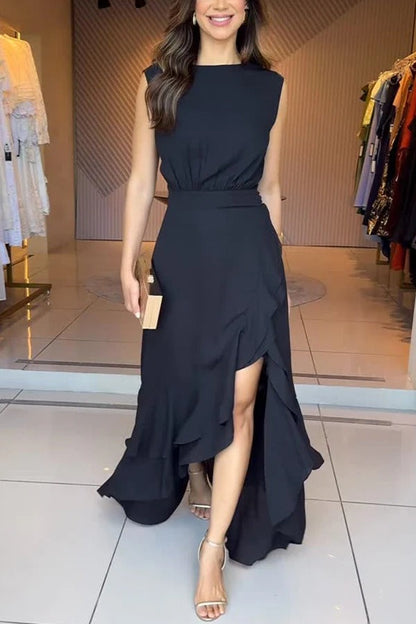 Moon Night Chiffon Crew Neck Sleeveless Irregular Layered Hem Maxi Dress