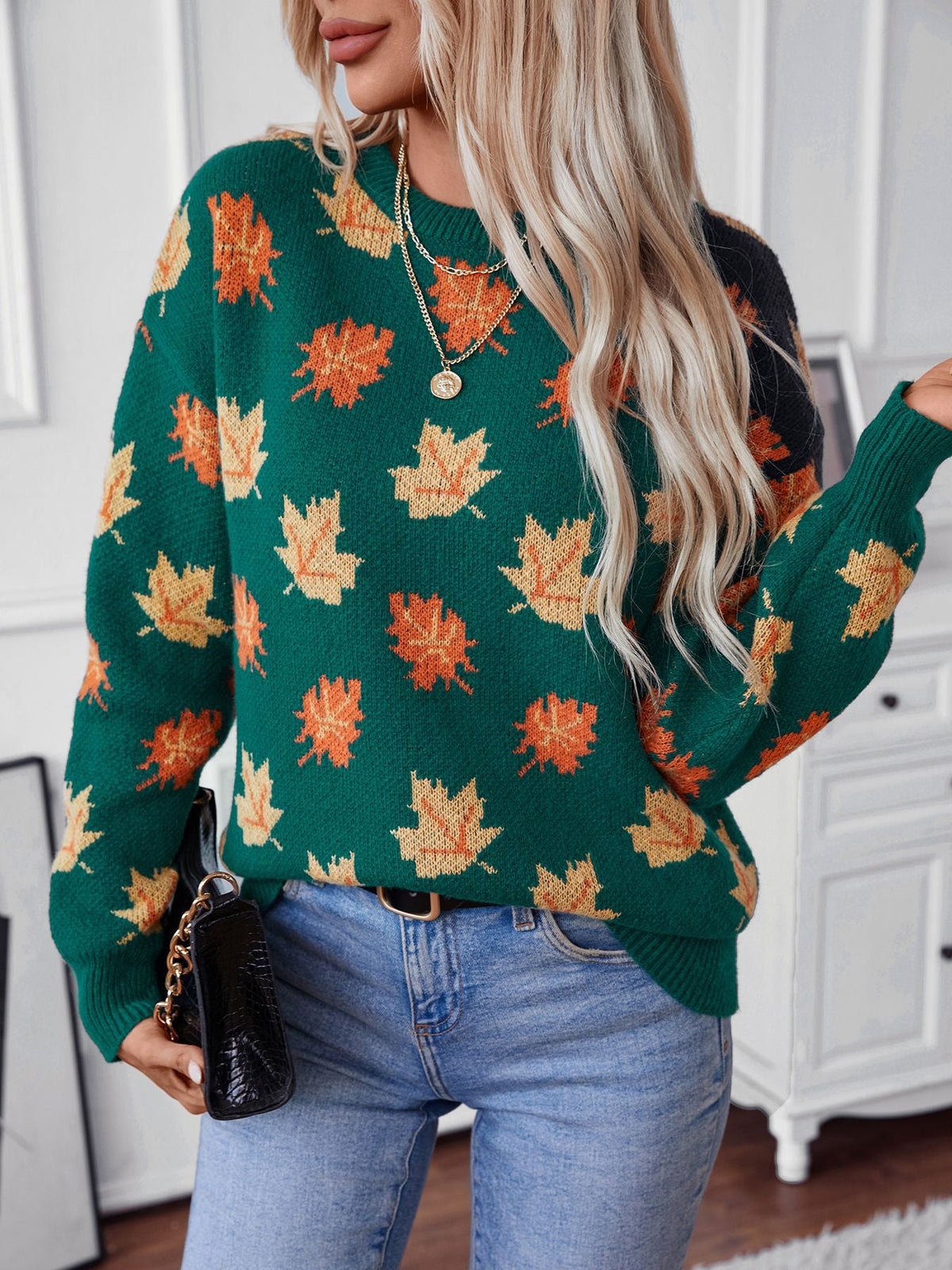 Maple Leaf Pattern Jacquard Casual Pullover Sweater for Women