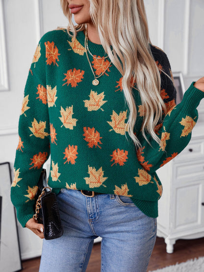 Maple Leaf Pattern Jacquard Casual Pullover Sweater for Women