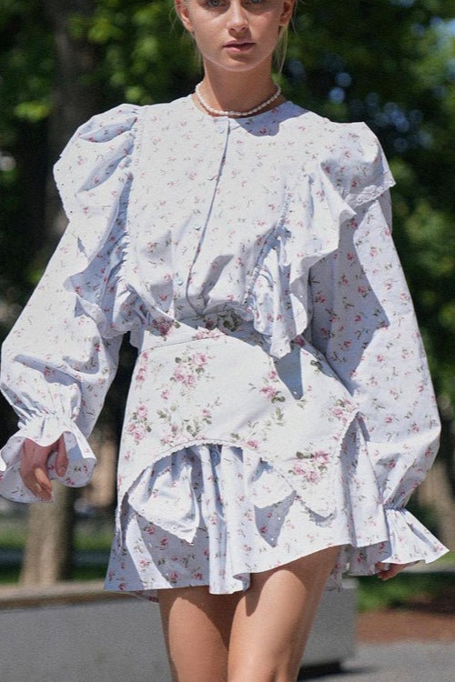 Romantic Ruffled Long Sleeve Mini Floral Dress