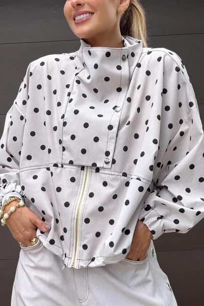 Kadence Polka Dot Zipper Lapel High Neck Drawstring Hem Sporty Jacket